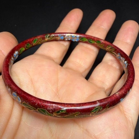 Vintage Jewelry - Vintage Red Cloisonné Floral Bangle Bracelet